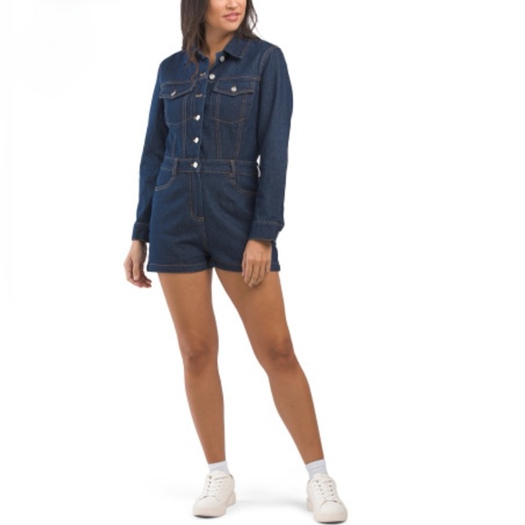 Grey Lab Dark Wash Denim Romper Mini Jumpsuit Size Medium - Picture 1 of 5